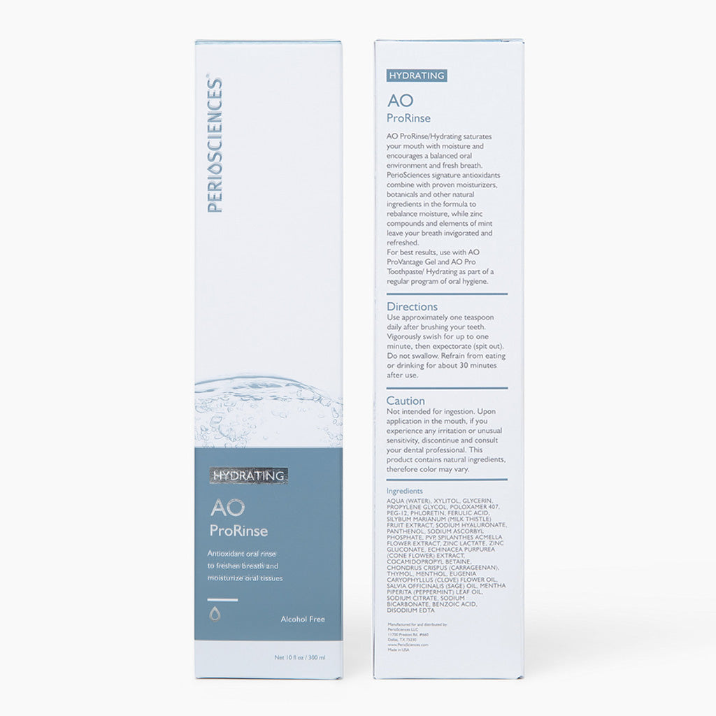 Hydrating Mouthwash box front and back — front shows AO ProRinse branding, back displays directions, ingredients, and caution info