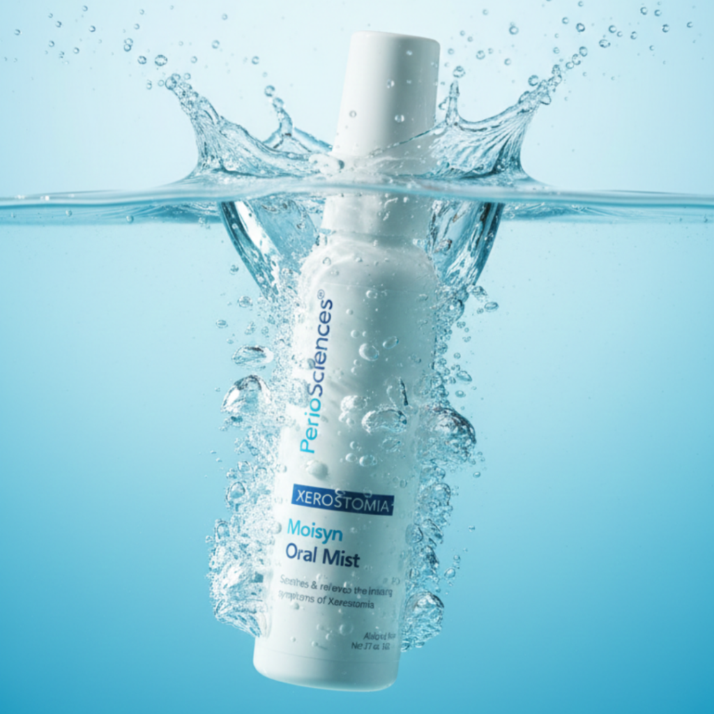 PerioSciences Moisyn™ Oral Mist bottle submerged in water with dynamic splash, emphasizing its hydrating formula