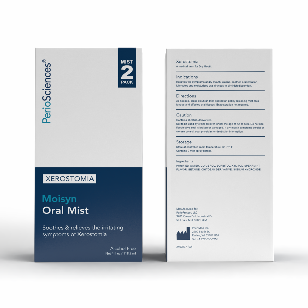 Moisyn™ Oral Mist 2-pack box front and back showing indications, directions, ingredients, and caution details