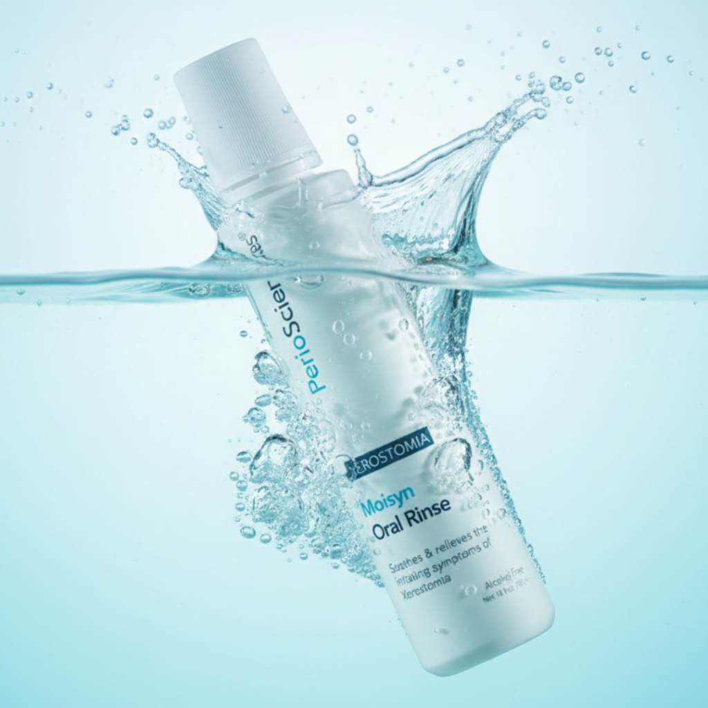 PerioSciences Moisyn Oral Rinse bottle splashing into water, highlighting its hydrating formula for dry mouth relief