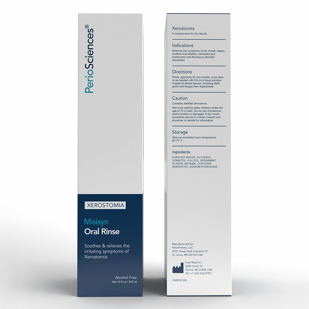 Moisyn™ Oral Rinse front and back packaging showing ingredients, directions, cautions, and storage info by PerioSciences