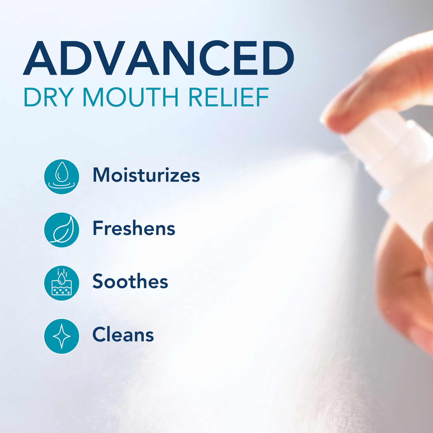 Moisyn™ Oral Mist benefits infographic: moisturizes, freshens, soothes, and cleans, with hand spraying the mist nozzle