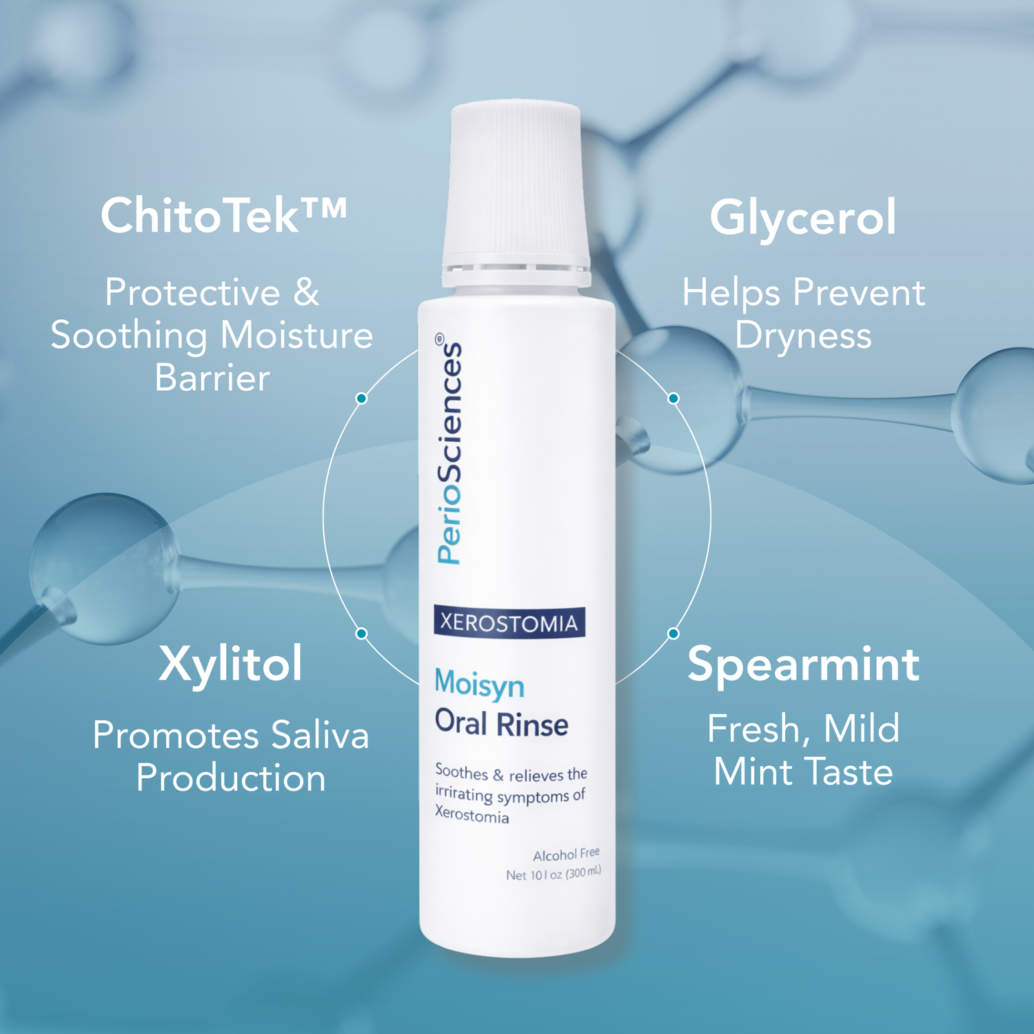 Moisyn™ Oral Rinse key ingredients diagram highlighting ChitoTek™, Glycerol, Xylitol, and Spearmint benefits