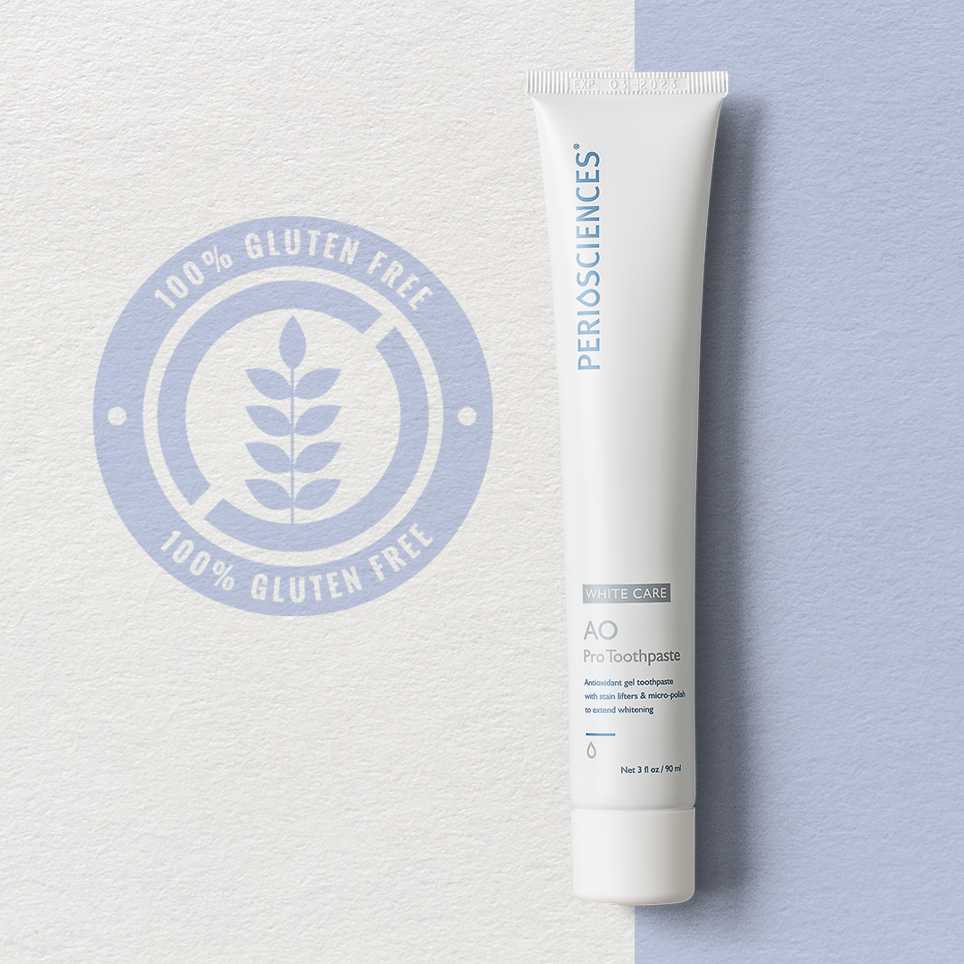 PerioSciences Post-Whitening Toothpaste tube with 100% Gluten Free certification badge, 3 fl oz / 90 ml