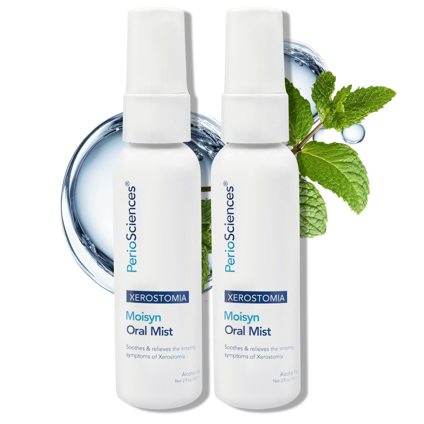 PerioSciences Moisyn Oral Mist two-pack, white 2 fl oz spray bottles with mint leaves and water splash accents