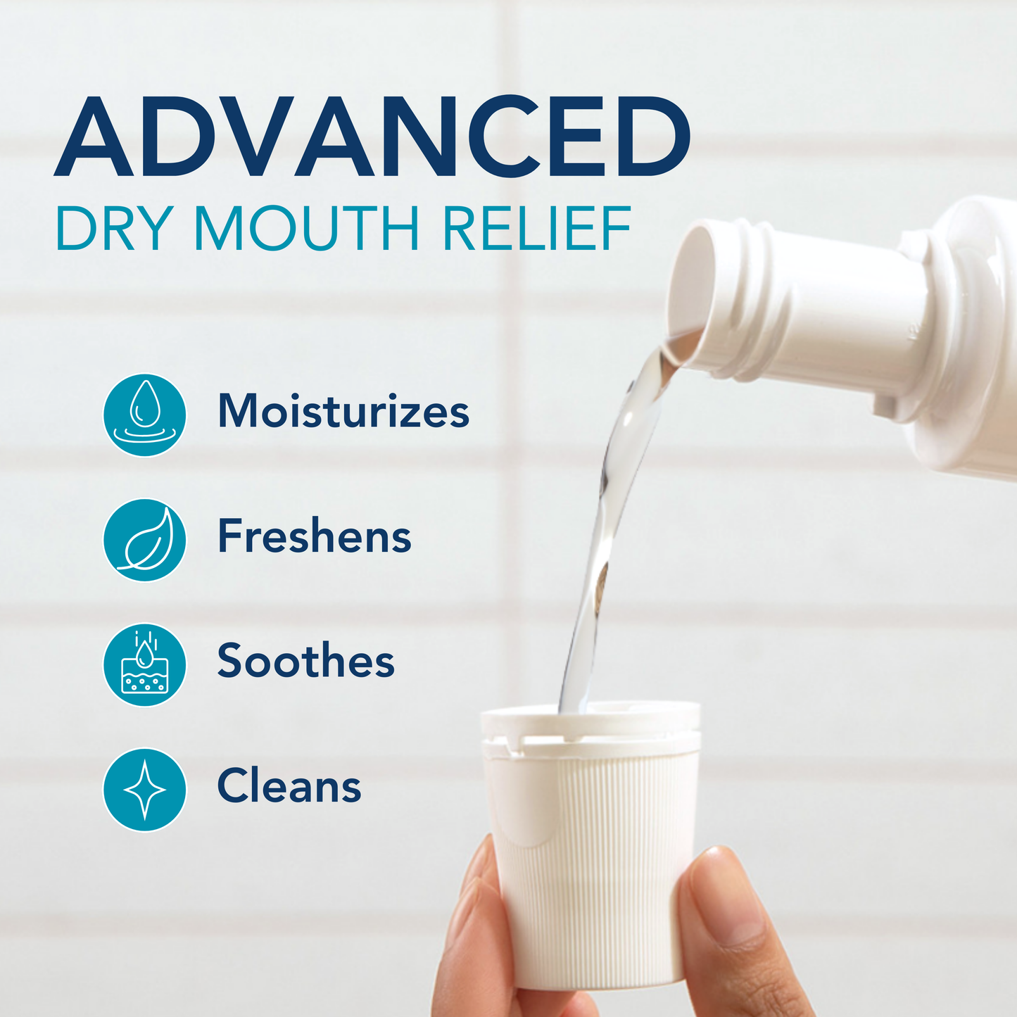 Moisyn™ Oral Rinse being poured into dosing cup, highlighting benefits: moisturizes, freshens, soothes, and cleans