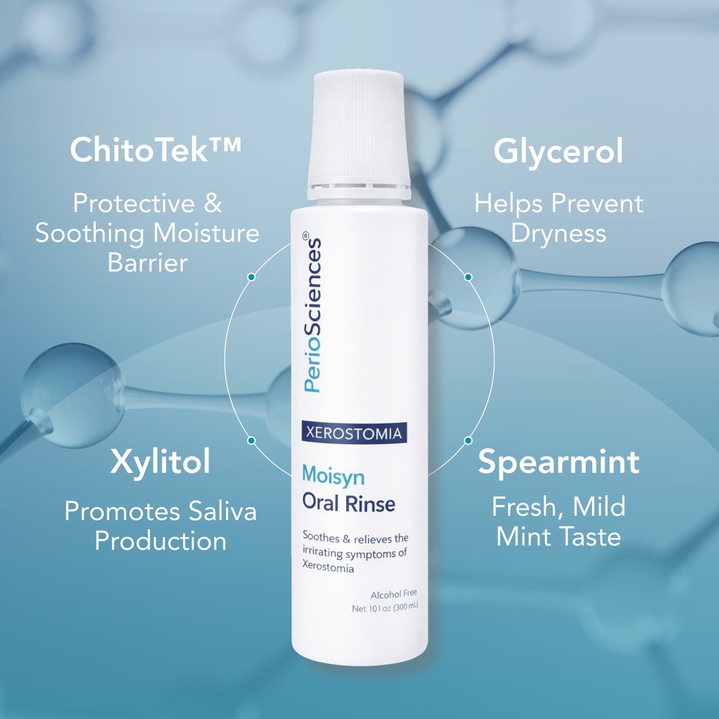 Moisyn™ Oral Rinse key ingredients diagram highlighting ChitoTek™, Glycerol, Xylitol, and Spearmint benefits